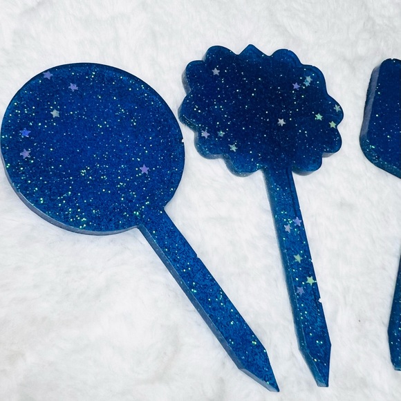 Blue Glitter Plant Markers Set of 3 Hand Crafted Resin Gift Set Cake Toppers - Picture 2 of 7
